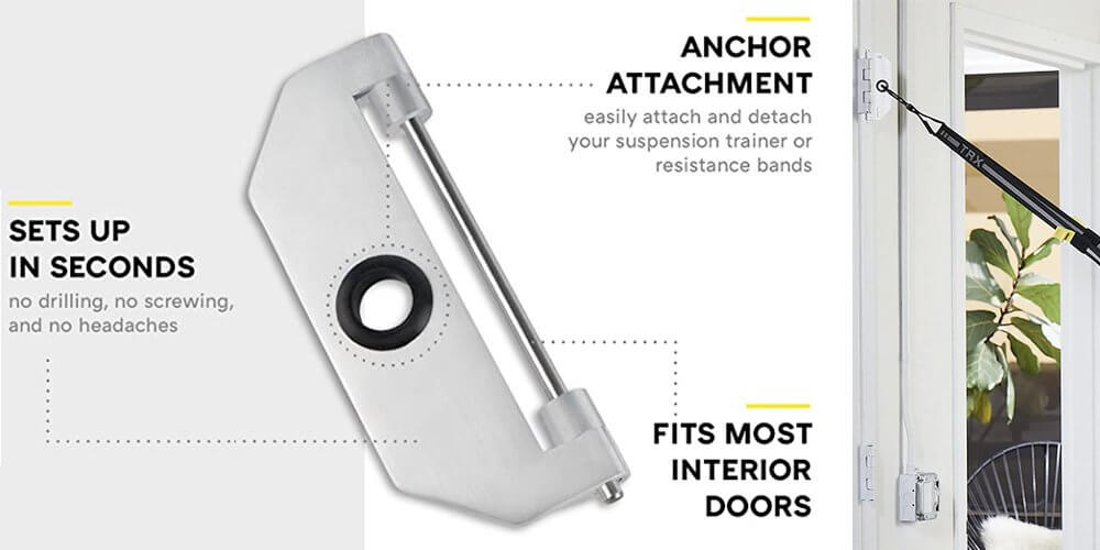 Door hinge anchor in place on an interior door with a carabiner clipped into the loop