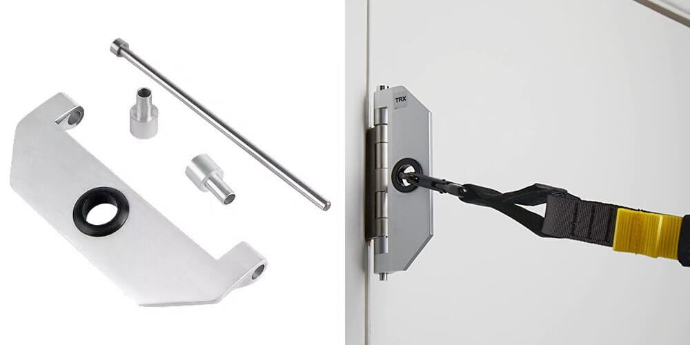 Hinge anchor fitted into a door hinge with the attachment loop facing out into the room